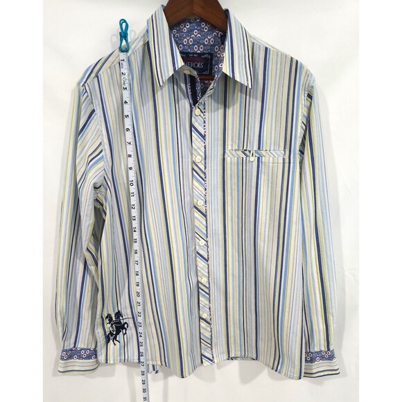 Mens English Heroes Long Sleeve Blue Green Striped Button Down Shirt - Size L - Picture 5 of 7